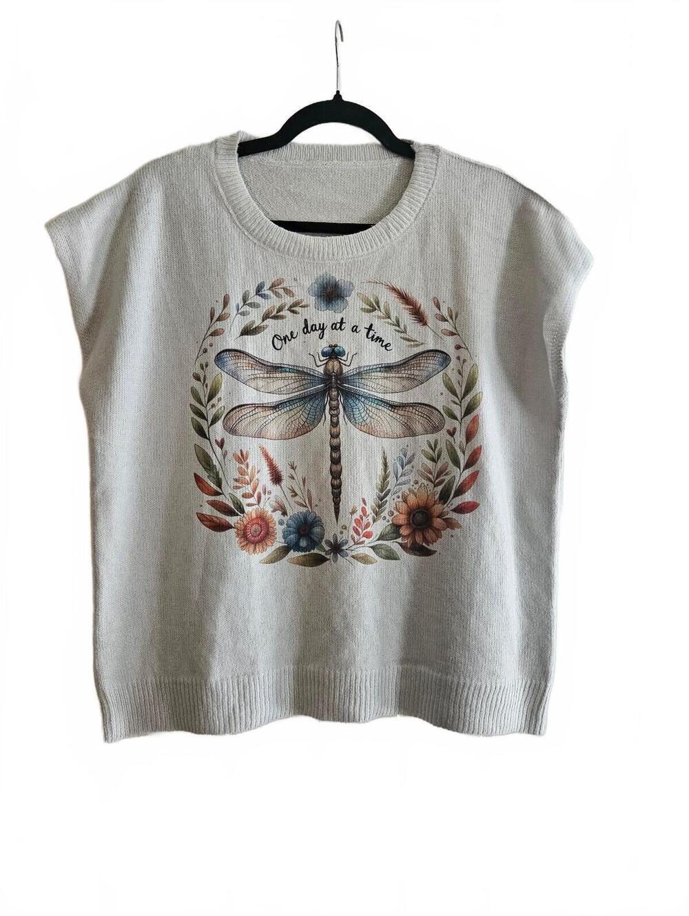 Whimsigoth Dragonfly Knit Sweater Vest Cottage Core Boho Top-Women's Size Large